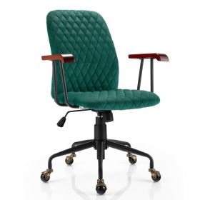 Velvet Home Office Chair with Wooden Armrest (Color: Green)