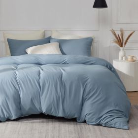 100% Washed Cotton Duvet Cover Cream Minimalist Duvet Cover Linen Like - 3 Pieces Plain Simple Cotton Duvet Cover Set (Color: MineralBlue, size: King (104  x 90 ))