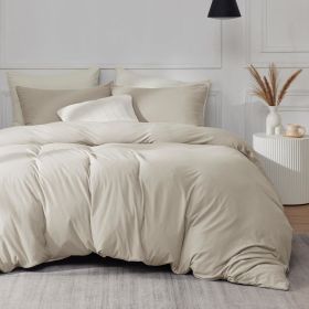 100% Washed Cotton Duvet Cover Cream Minimalist Duvet Cover Linen Like - 3 Pieces Plain Simple Cotton Duvet Cover Set (Color: Beige, size: Queen (90  x 90 ))