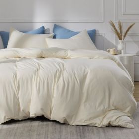 100% Washed Cotton Duvet Cover Cream Minimalist Duvet Cover Linen Like - 3 Pieces Plain Simple Cotton Duvet Cover Set (Color: CreamWhite, size: Queen (90  x 90 ))