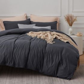 100%Washed Cotton Duvet Cover Minimalist Duvet Cover Linen Like 3 Pieces Plain Simple Cotton Duvet Cover Set with 2 Pillow Shams (Color: - Dark Grey, size: Queen (90  x 90 ))